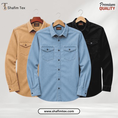 3 Pcs Denim Double Pocket shirt – (Khaki+Sky+Black)