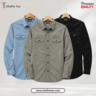 3 Pcs Denim Double Pocket shirt – (Sky+Ash+Black)
