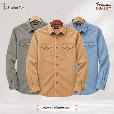 3 Pcs Denim Double Pocket shirt – (Ash+Khaki+Sky)