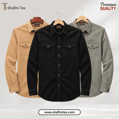 3 Pcs Denim Double Pocket shirt – (Khaki+Black+Ash)
