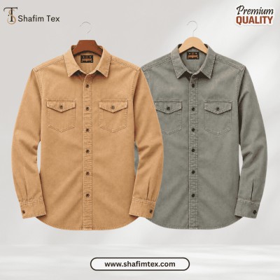 2 Pcs Denim Double Pocket shirt – (Khaki+Ash)