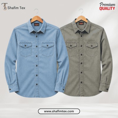 2 Pcs Denim Double Pocket shirt – (blue+Ash)
