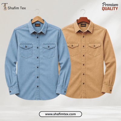 2 Pcs Denim Double Pocket shirt – (Blue+khaki)