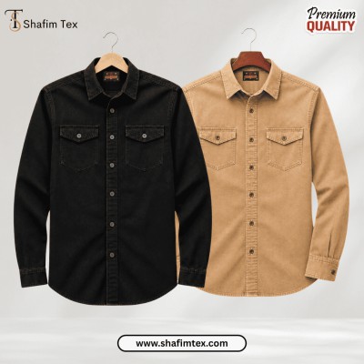 2 Pcs Denim Double Pocket shirt – (Black+Khaki)