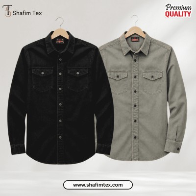 2 Pcs Denim Double Pocket shirt – (Black+Ash)