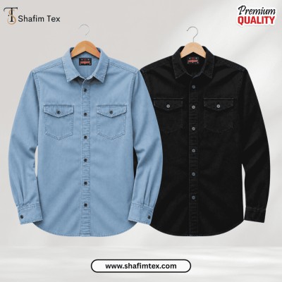 2 Pcs Denim Double Pocket shirt – (Sky+Black)