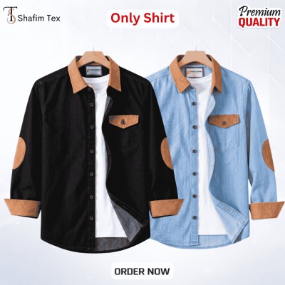 2 pcs Denim full single pocket contrast(black+light blue)