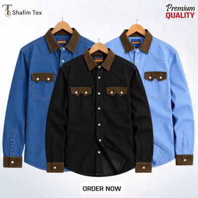 3 pcs denim snap button shirt ( Deep blue+black+light blue)