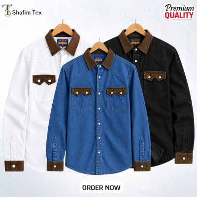 3 pcs denim snap button shirt (white+Deep blue+black)