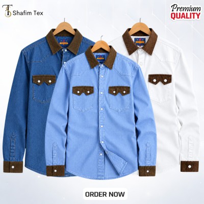 3 pcs denim snap button shirt ( Deep blue+light blue+white)