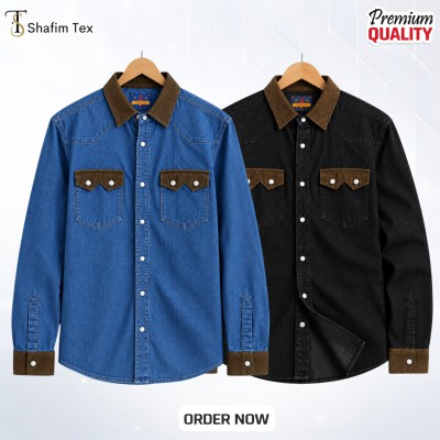 2 pcs denim snap button shirt ( Deep blue+black)