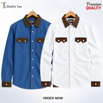 2 pcs denim snap button shirt ( Deep blue+white)